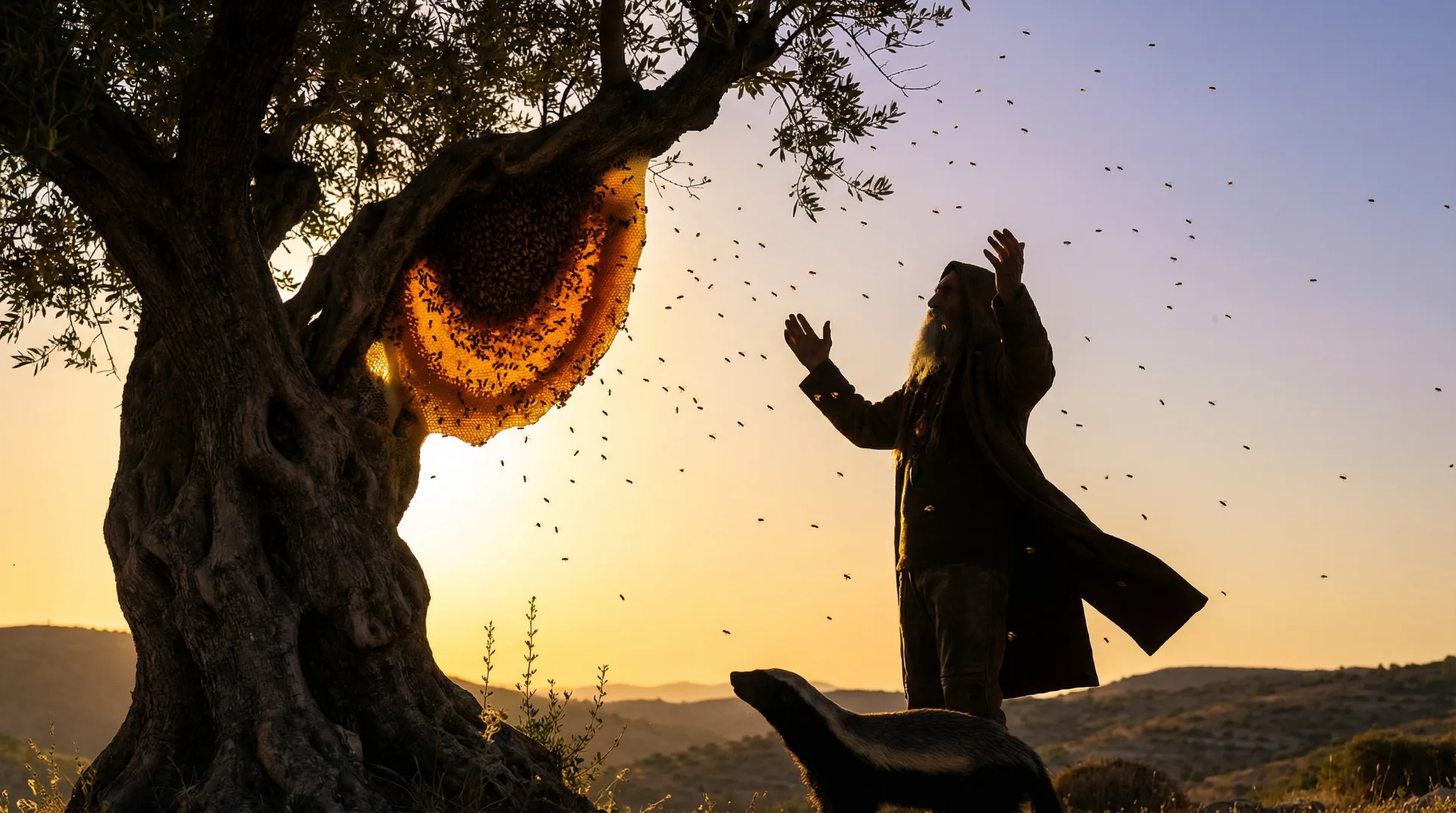 Elder figure with raised arms communing with a wild beehive in an ancient olive tree at golden hour, honey badger watching below