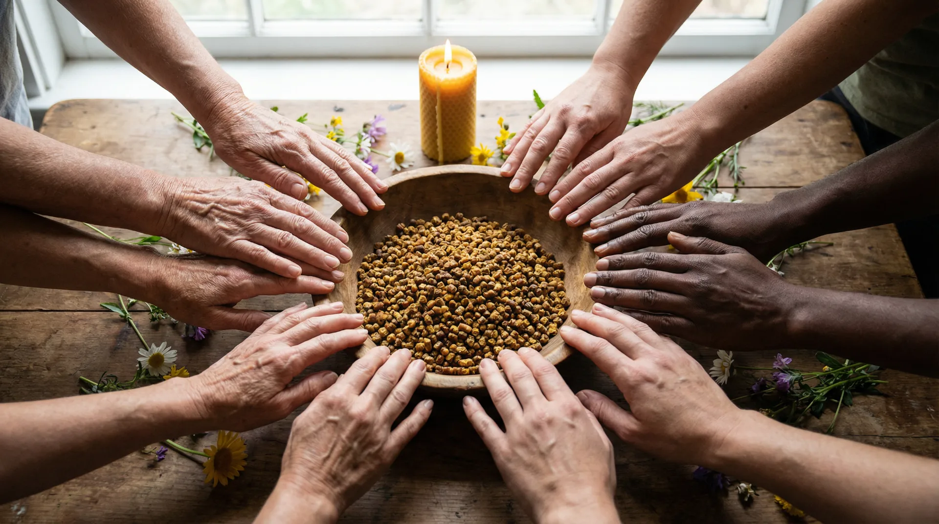 Diverse hands gathered around a bowl of bee bread with beeswax candle and wildflowers