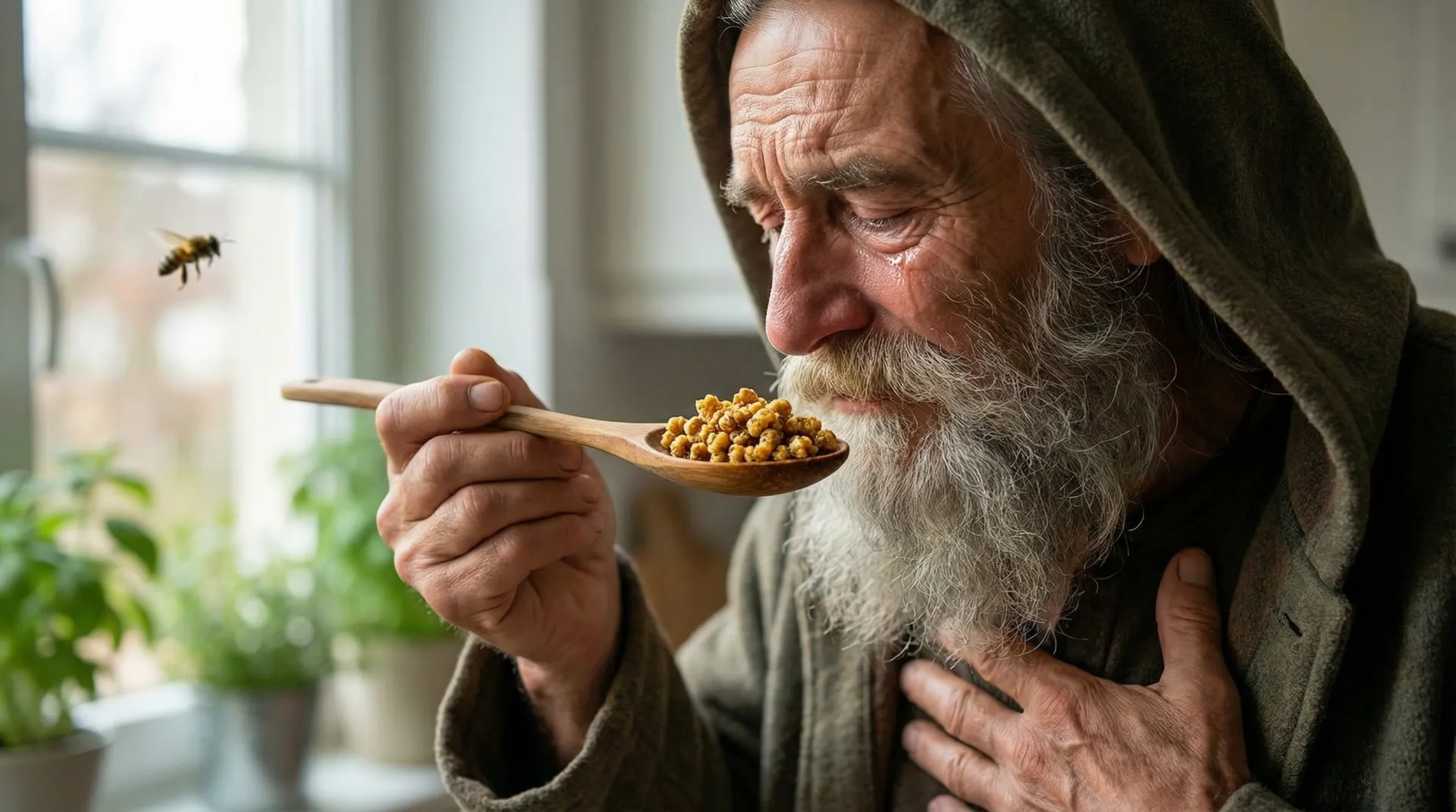 Elder with tears tasting bee bread from a wooden spoon as a bee hovers nearby